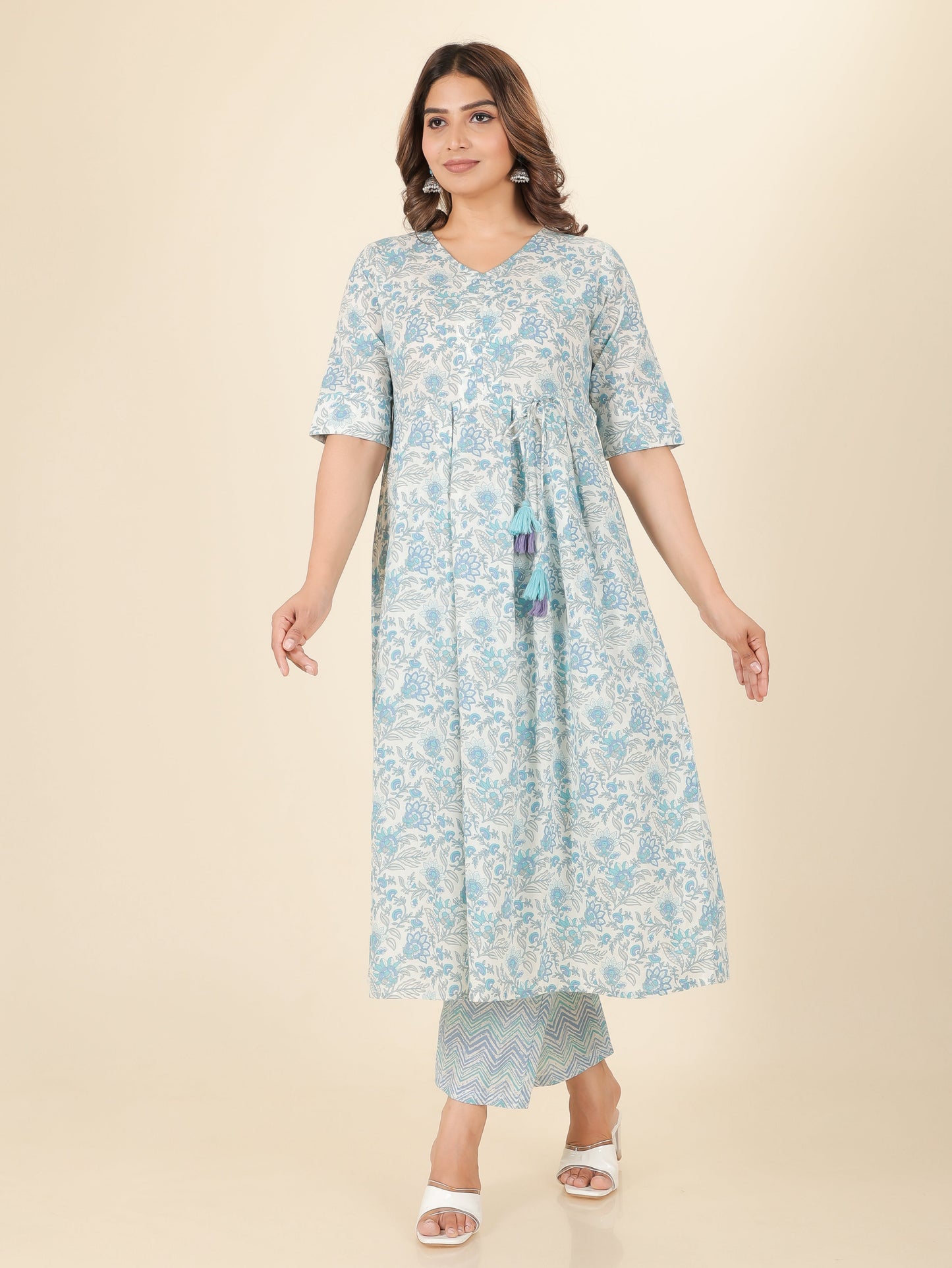 Soft Cotton Floral A-line Blue Kurta