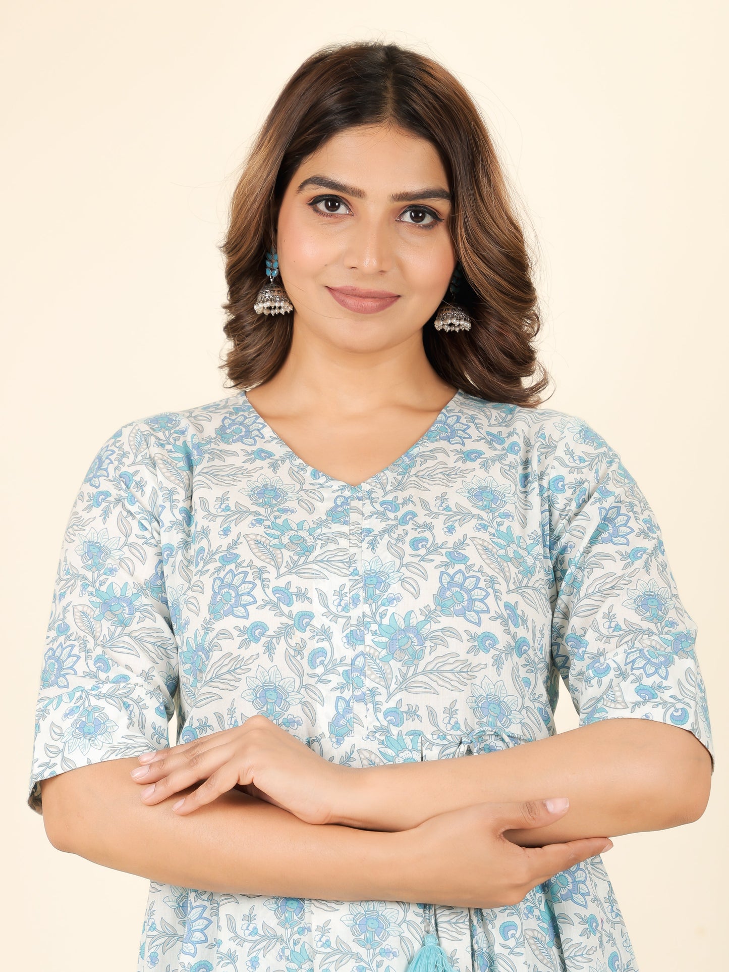 Soft Cotton Floral A-line Blue Kurta