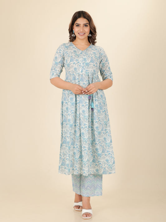 Soft Cotton Floral A-line Blue Kurta