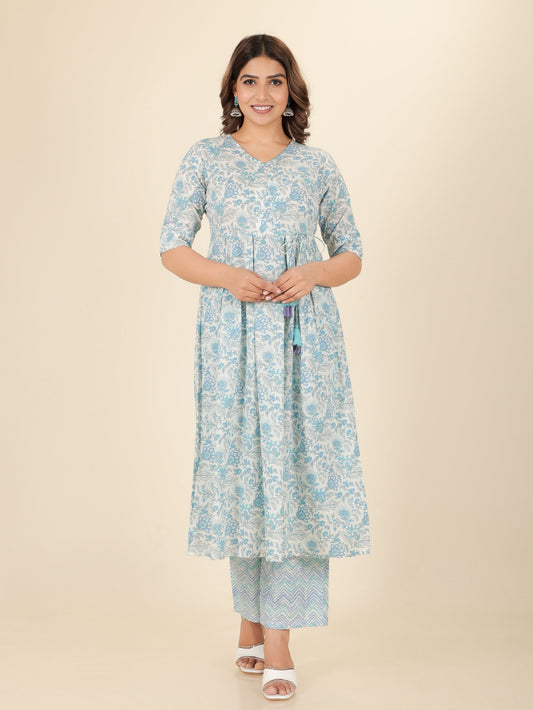 Soft Cotton Floral A-line Blue Kurta