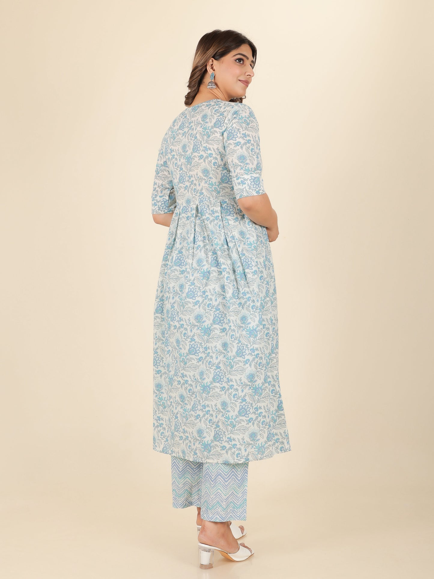 Soft Cotton Floral A-line Blue Kurta
