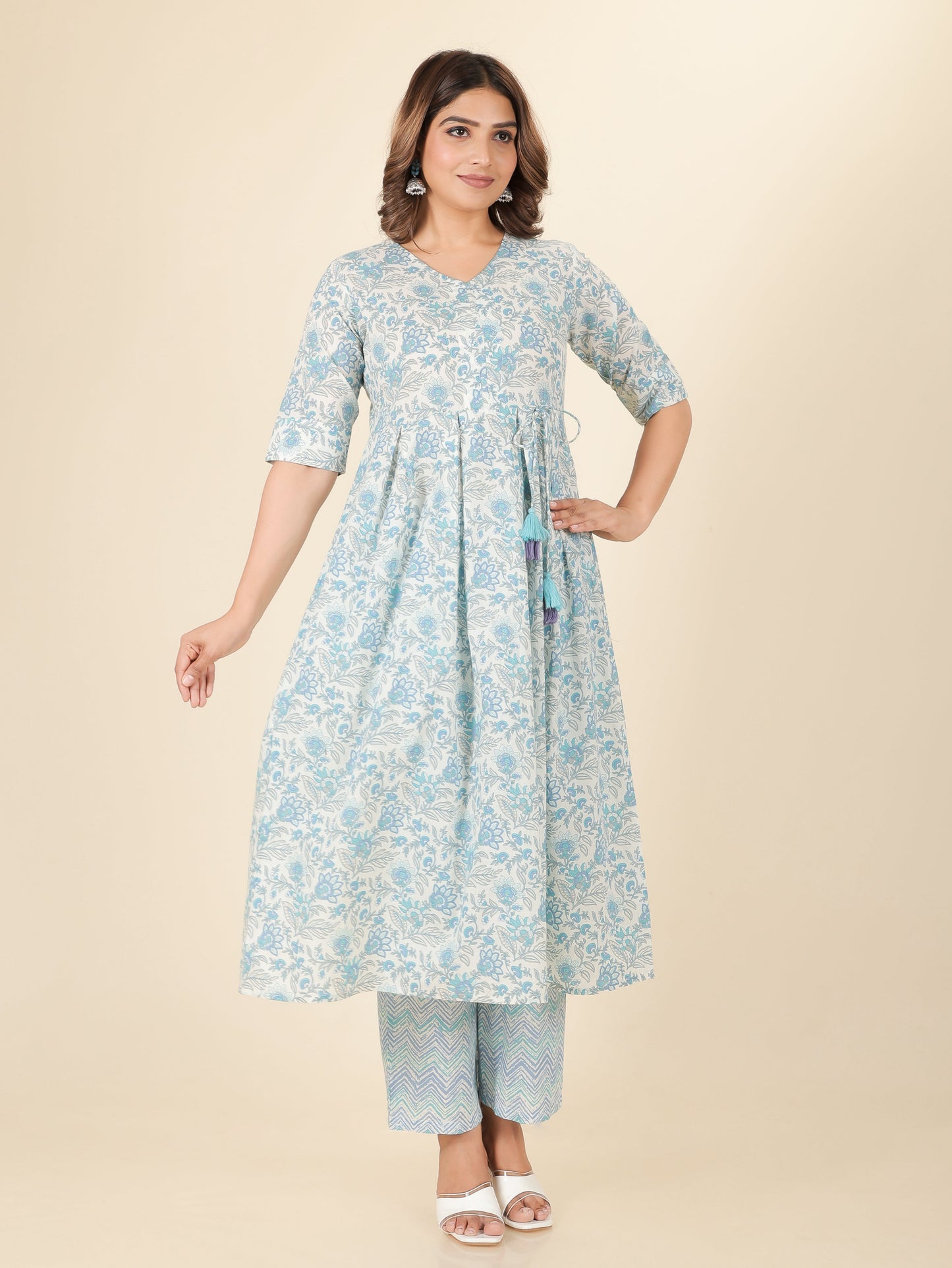 Soft Cotton Floral A-line Blue Kurta