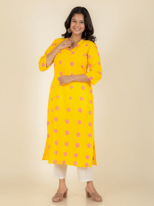 Soft Cotton Tie-Dye Straight Yellow Kurta