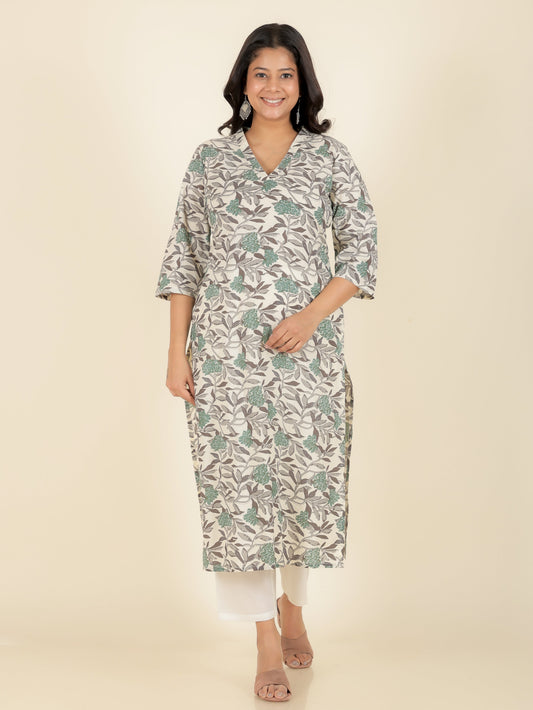 Soft Cotton Floral Straight Off-White Kurta