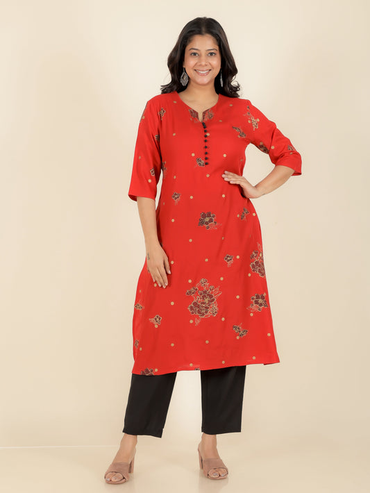 Viscose Gold foil A-line Red Kurta