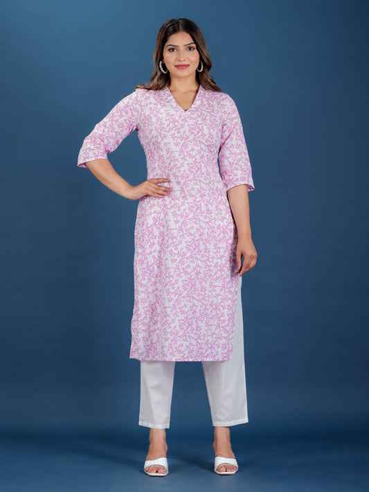 Soft Cotton Floral Straight White Kurta