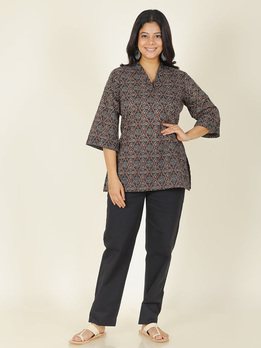 Soft Cotton Ajrakh Straight Black Kurti