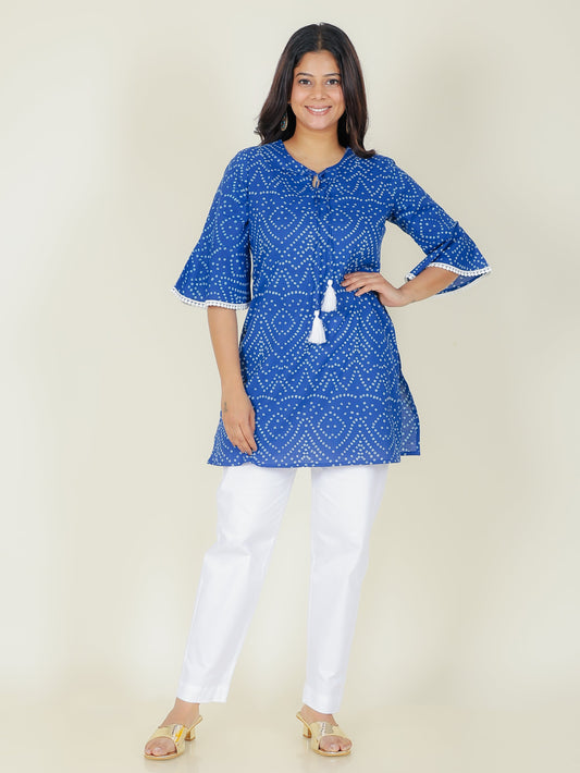 Soft Cotton Bandhani Straight Blue Kurti