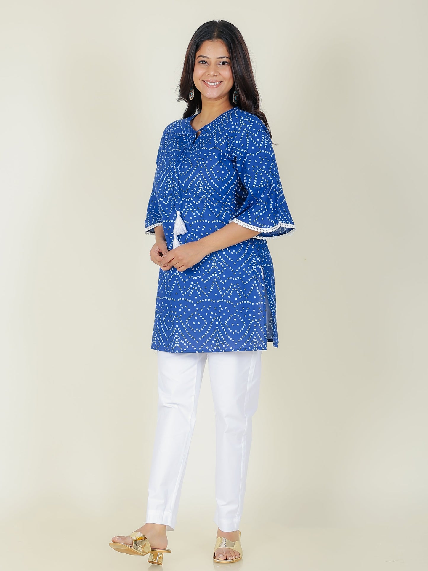 Soft Cotton Bandhani Straight Blue Kurti