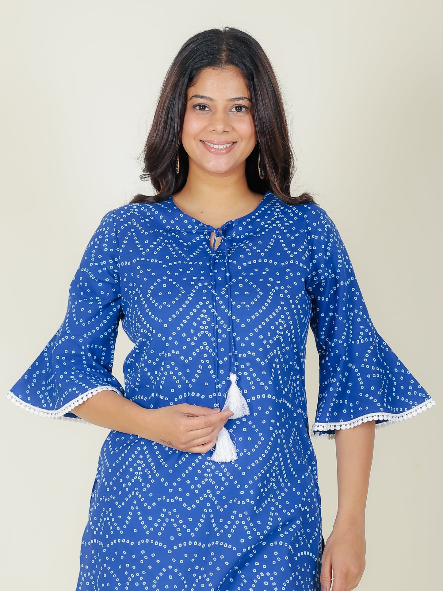 Soft Cotton Bandhani Straight Blue Kurti