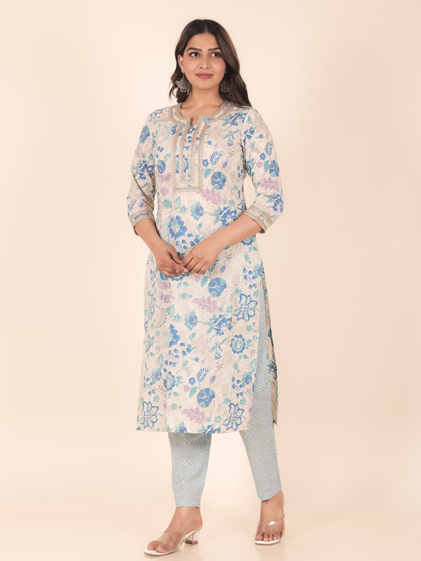 Soft Cotton Floral Straight Beige Kurta