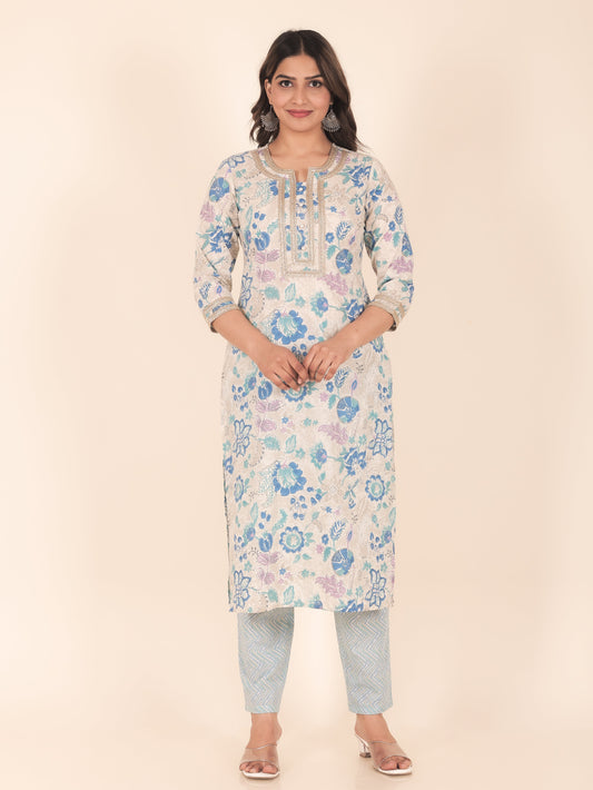 Soft Cotton Floral Straight Beige Kurta