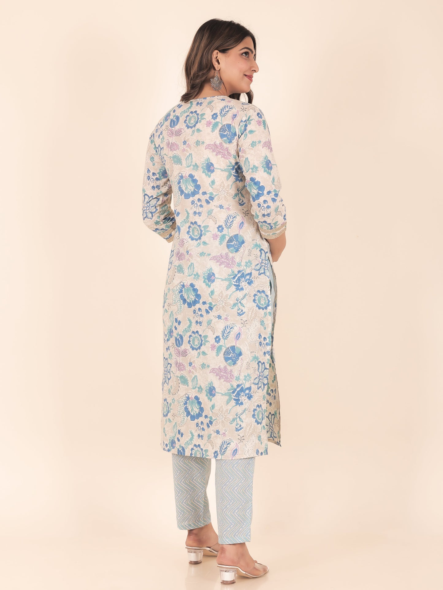 Soft Cotton Floral Straight Beige Kurta