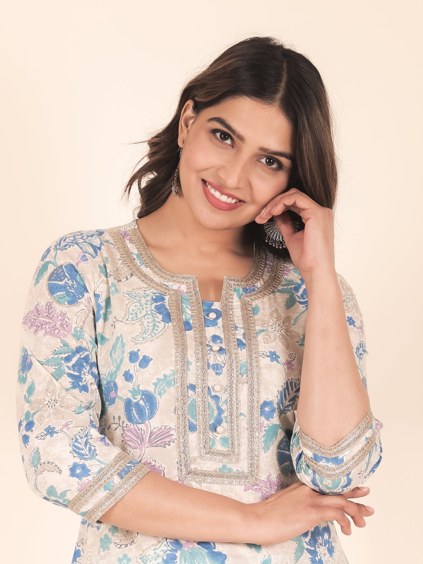 Soft Cotton Floral Straight Beige Kurta