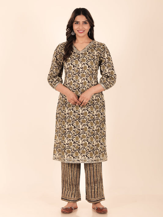 Soft Cotton Floral Straight Beige Kurta