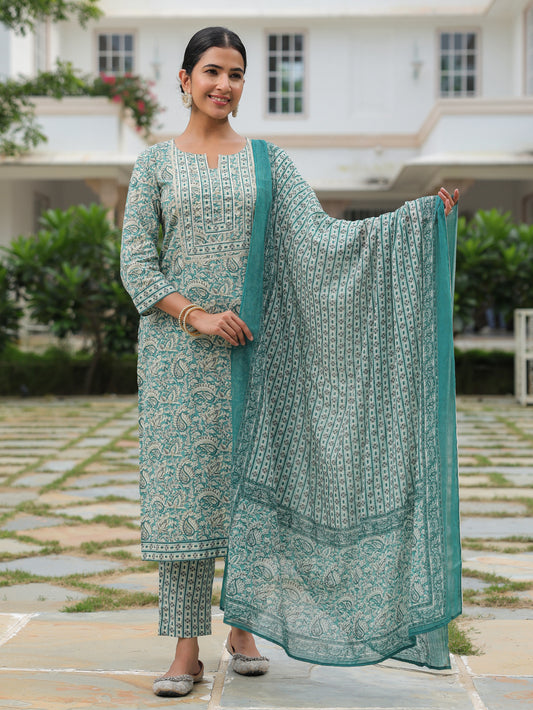 Soft Cotton Paisley Straight Green Kurta