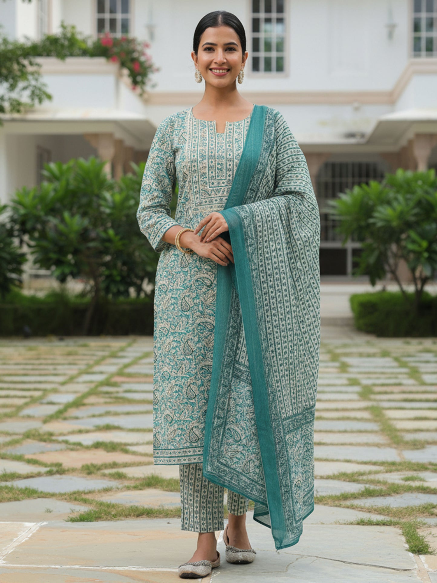 Soft Cotton Paisley Straight Teal Kurta