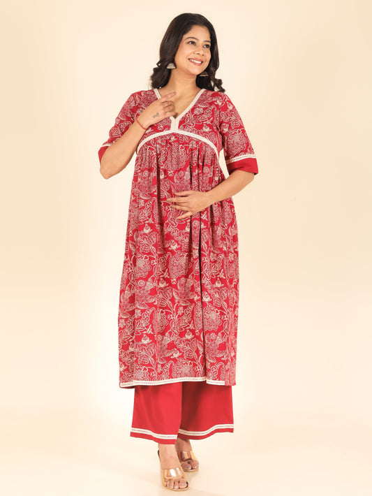 Linen Cotton Floral Anarkali Maroon Kurta