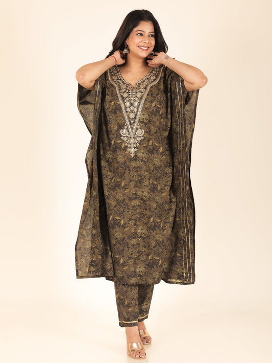 Embroidered Soft Cotton Floral Kaftan Green Kurta