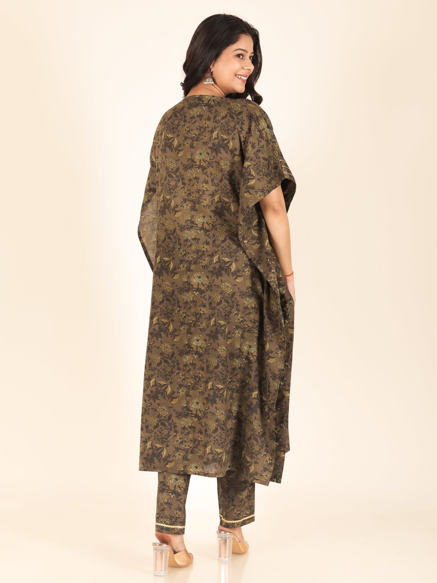 Embroidered Soft Cotton Floral Kaftan Green Kurta