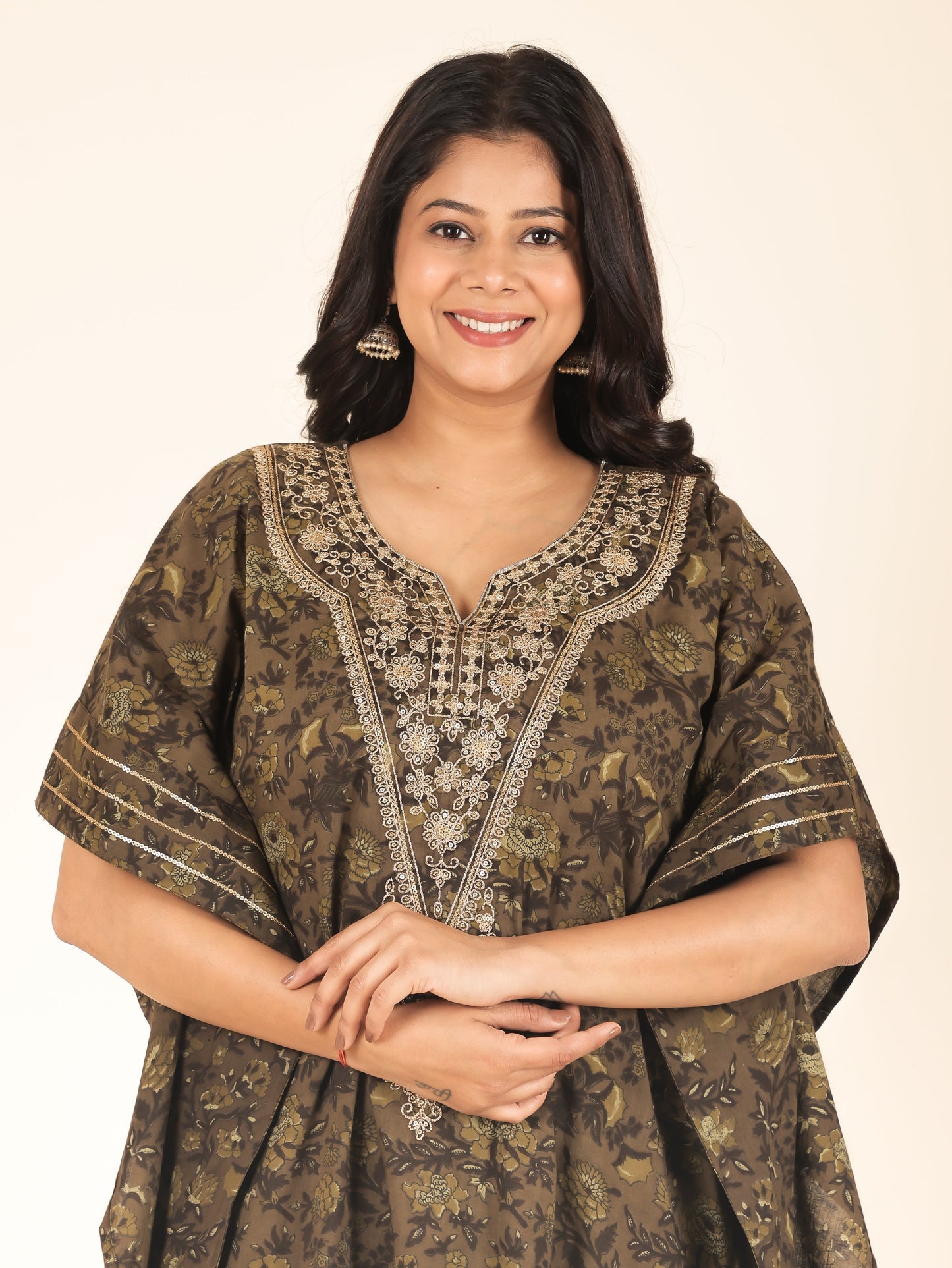 Embroidered Soft Cotton Floral Kaftan Green Kurta