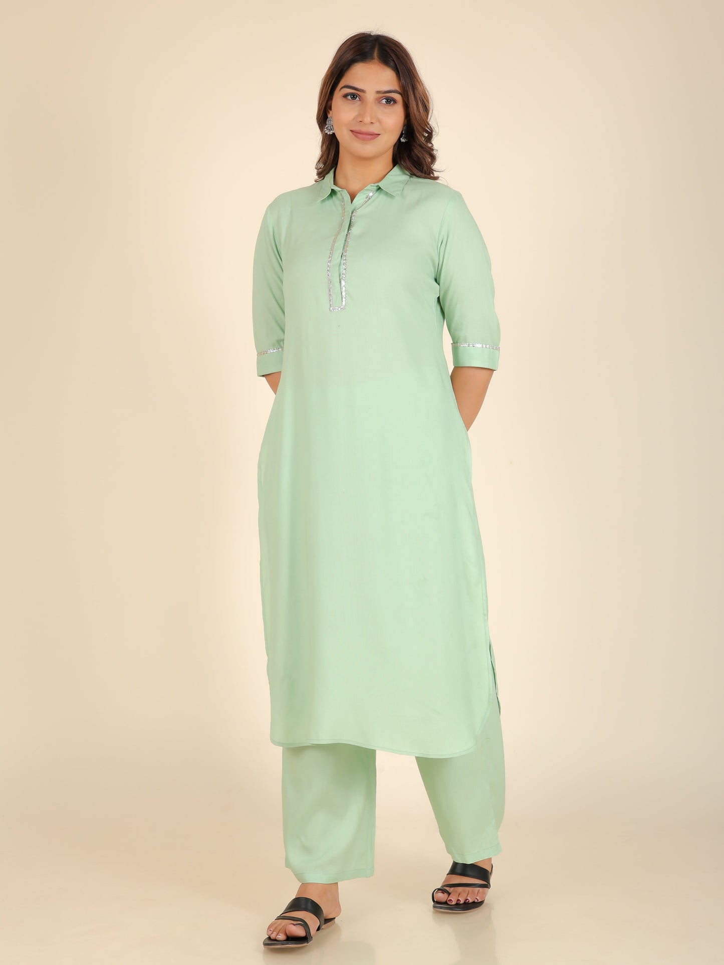 Viscose Solid Pathani Green Kurta