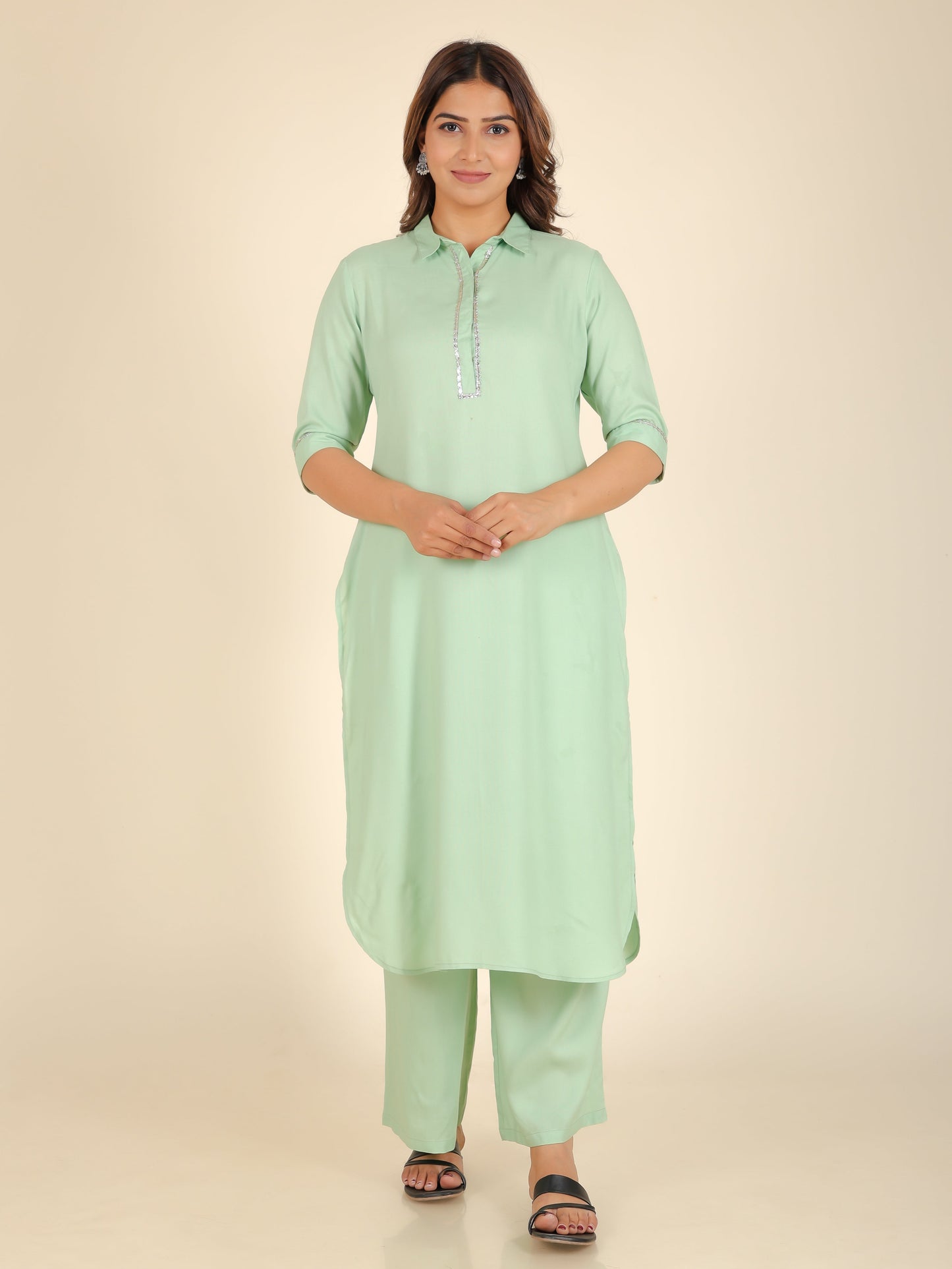 Viscose Solid Pathani Green Kurta