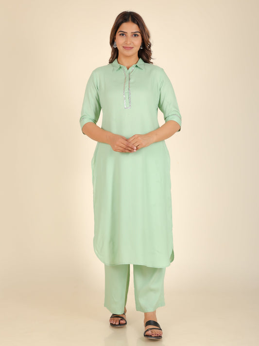 Viscose Solid Pathani Green Kurta