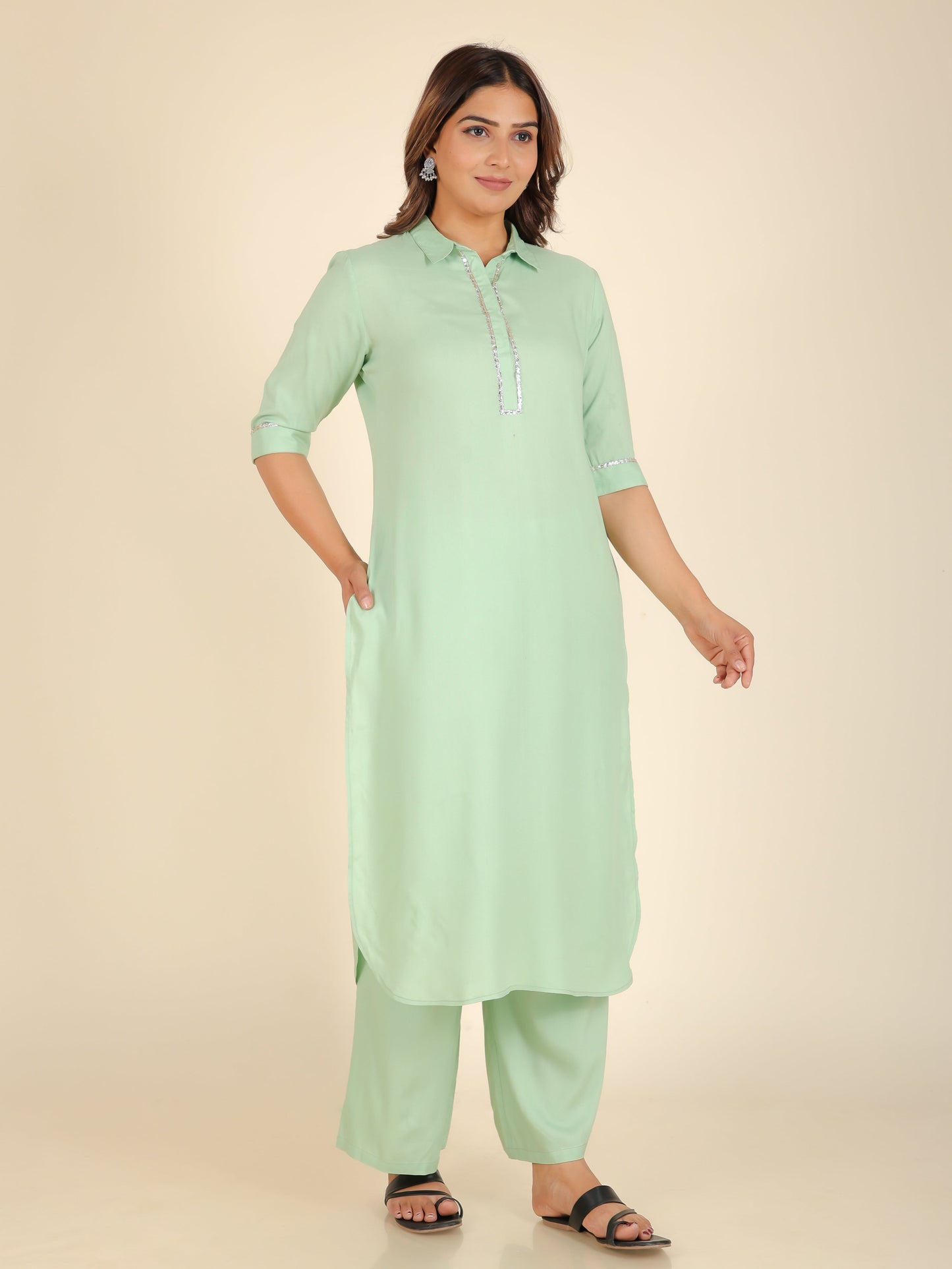 Viscose Solid Pathani Green Kurta