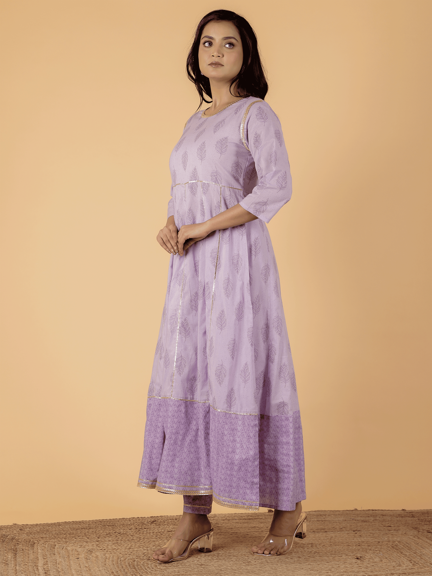Soft Cotton Foliage Anarkali Purple Kurta