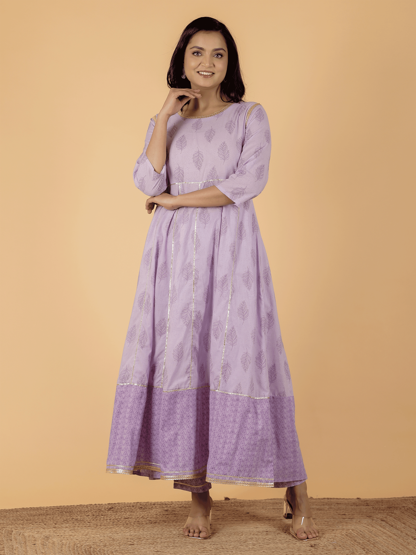 Soft Cotton Foliage Anarkali Purple Kurta
