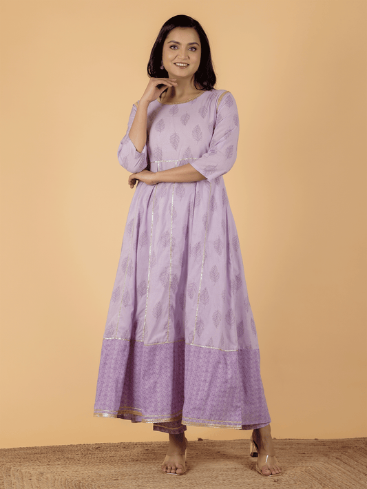 Soft Cotton Foliage Anarkali Purple Kurta