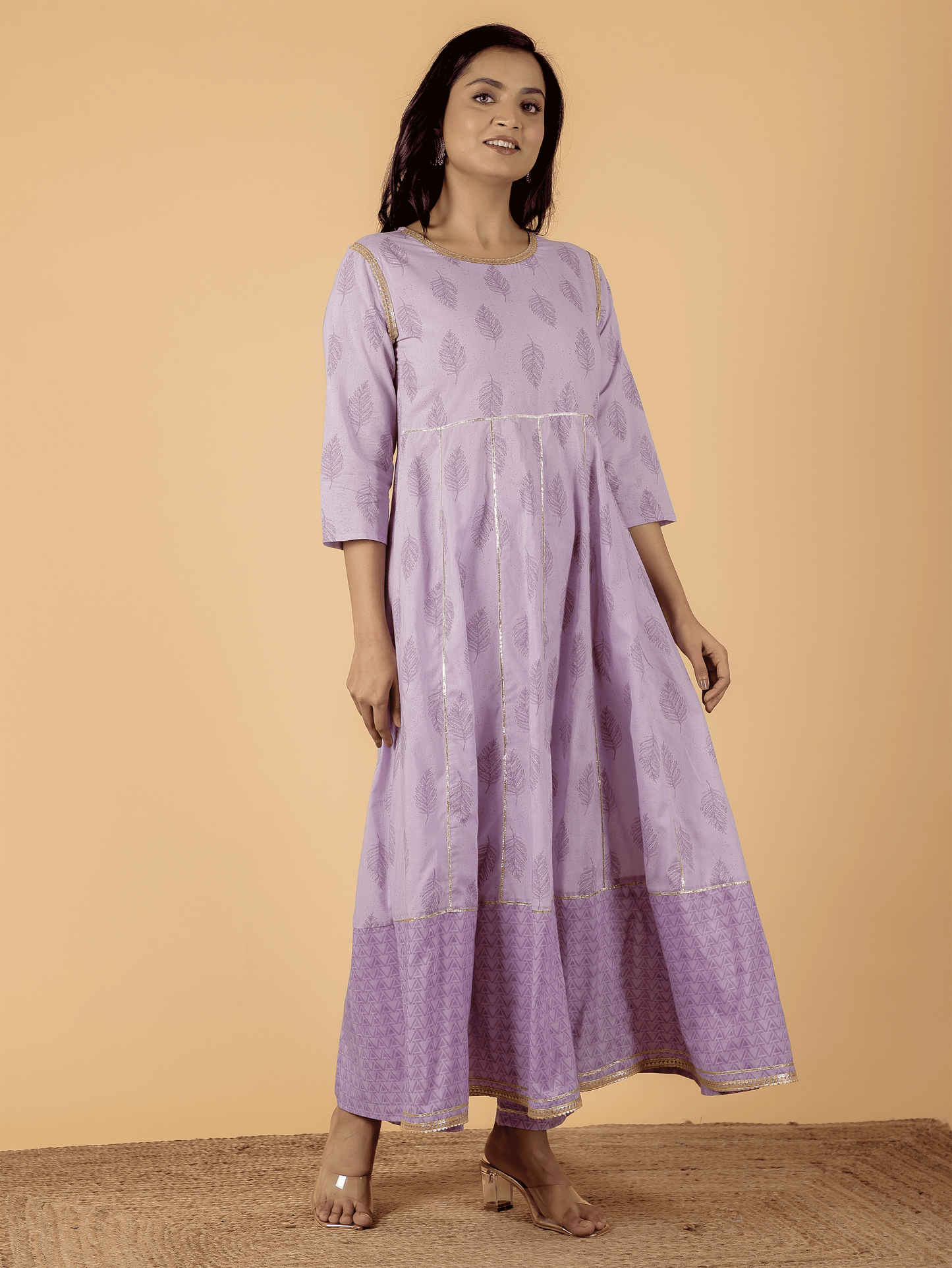 Soft Cotton Foliage Anarkali Purple Kurta