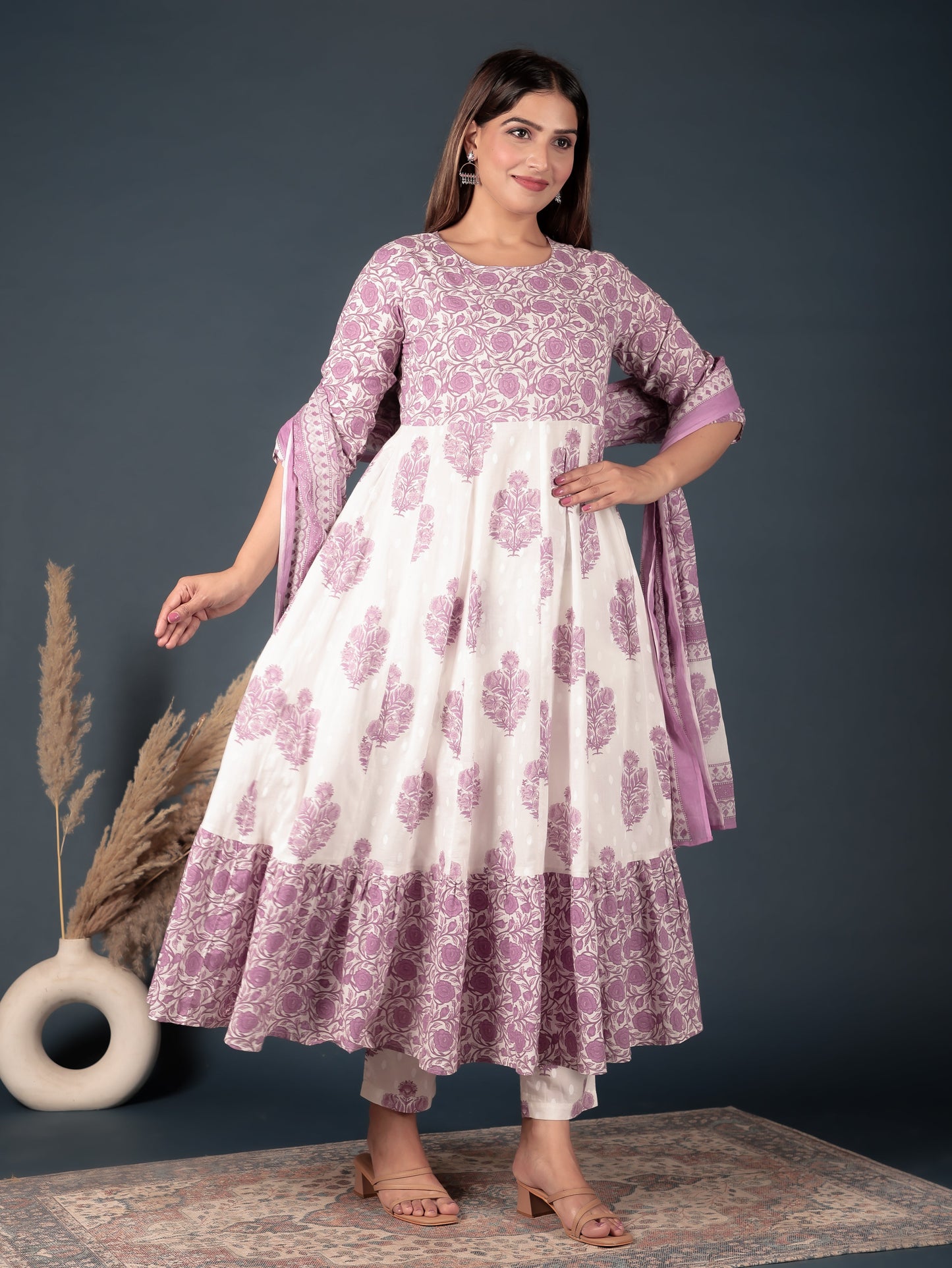 Soft Cotton Floral Anarkali Purple Kurta