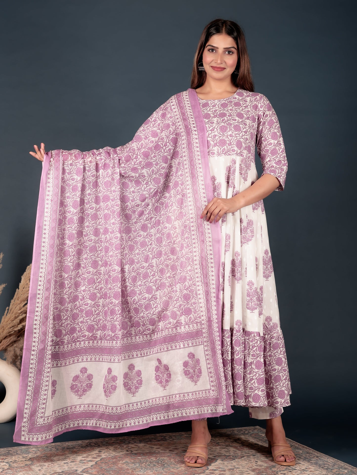 Soft Cotton Floral Anarkali Purple Kurta