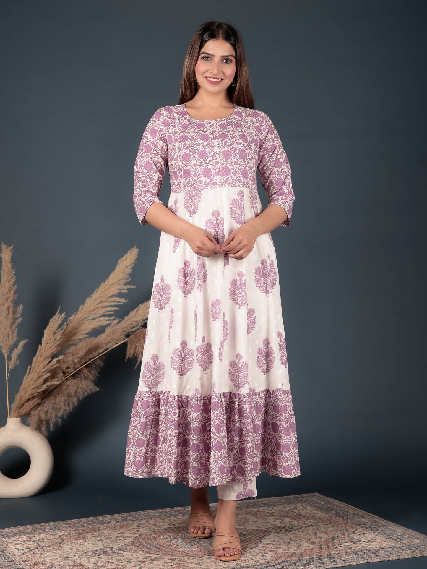 Soft Cotton Floral Anarkali Purple Kurta