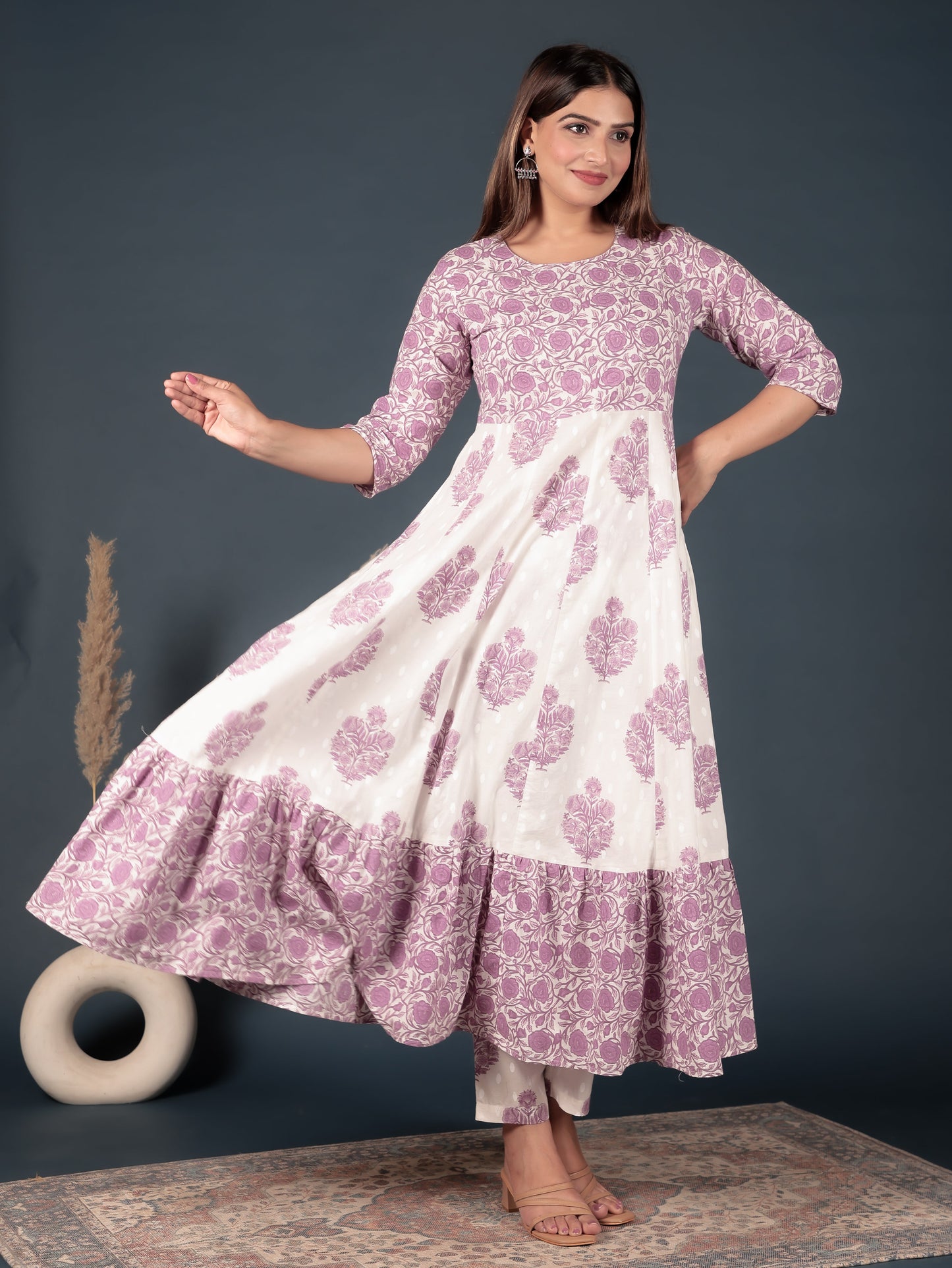Soft Cotton Floral Anarkali Purple Kurta
