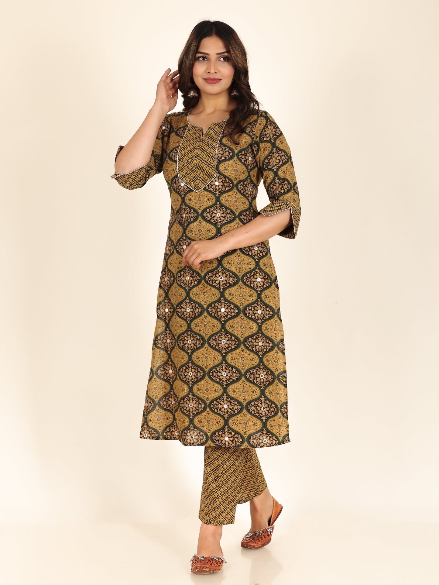 Soft Cotton Geometric Straight Green Kurta