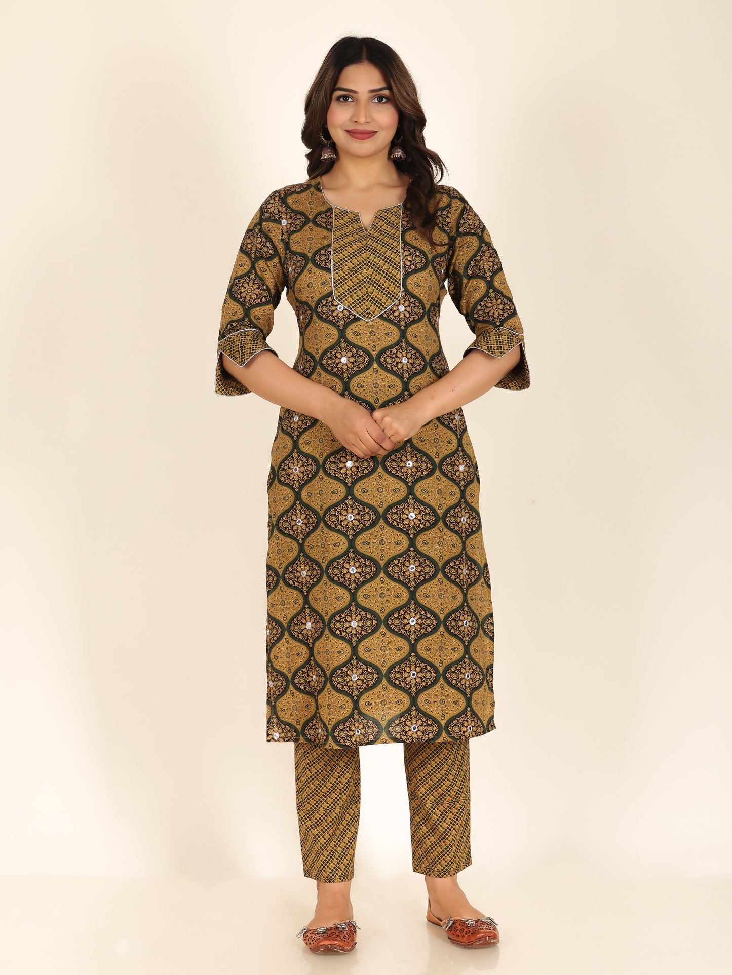 Soft Cotton Geometric Straight Green Kurta
