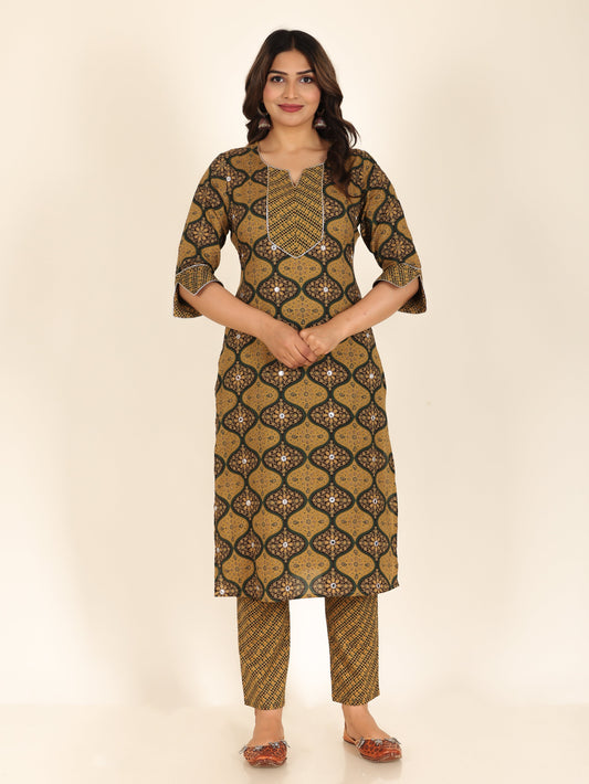 Soft Cotton Geometric Straight Green Kurta