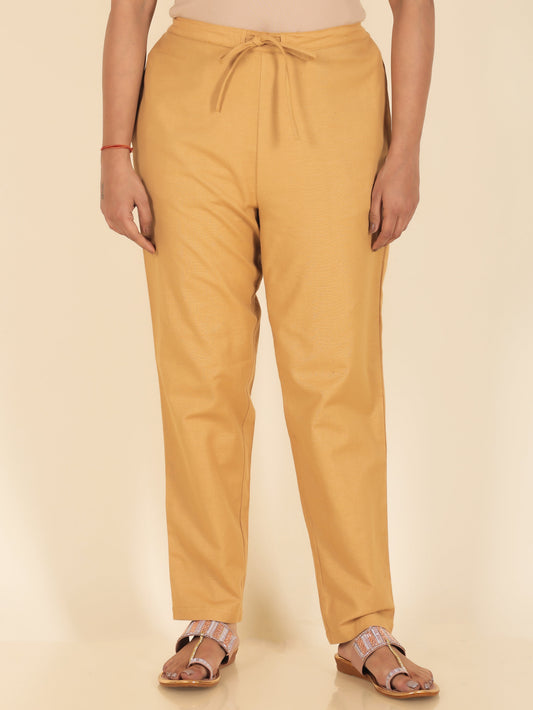 Linen Cotton Solid Yellow Tapered Trousers
