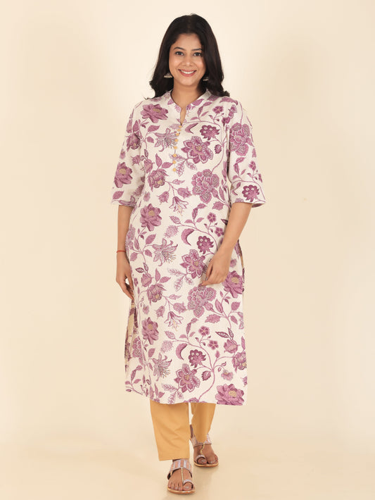 Linen Cotton Floral Straight Purple Kurta