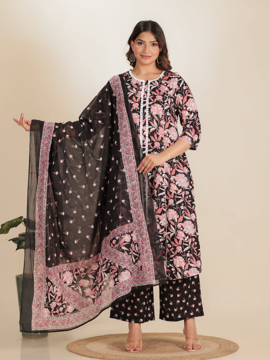 Cotton Voile Floral Black Dupatta