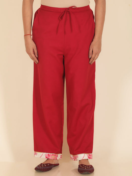 Linen Cotton Solid Red Straight Trousers
