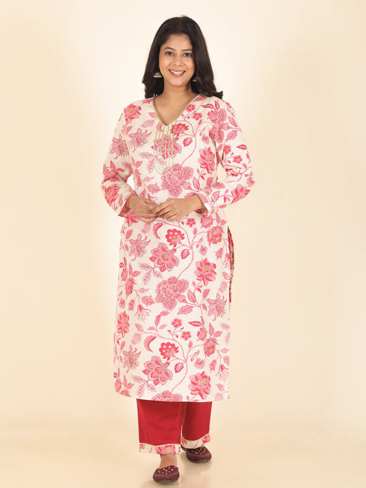 Linen Cotton Floral Straight Red Kurta