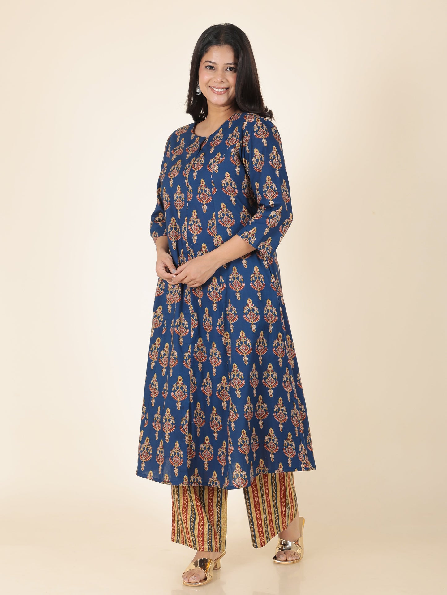Soft Cotton Floral A-line Blue Kurta