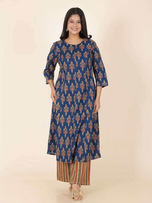 Soft Cotton Floral A-line Blue Kurta