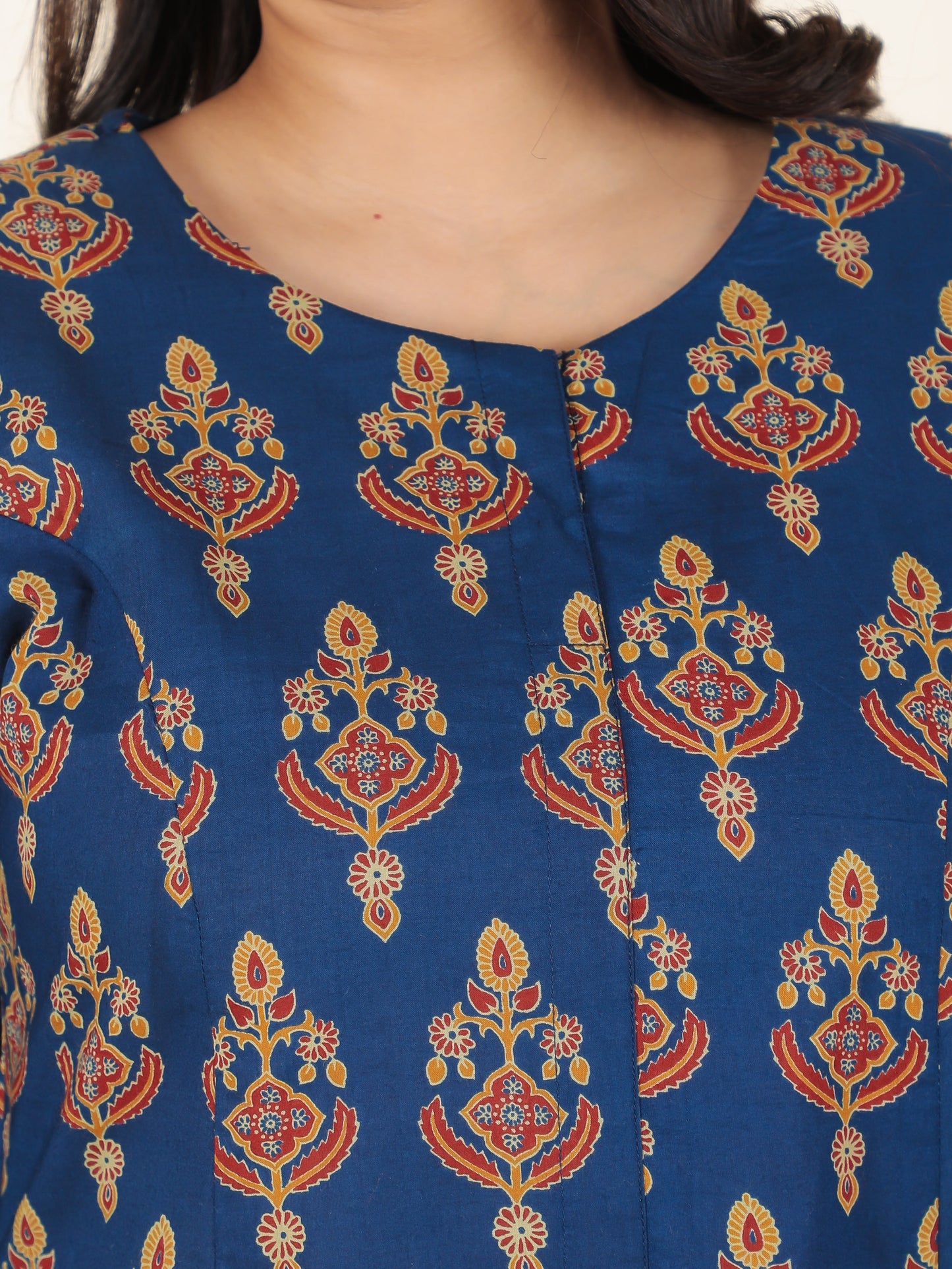 Soft Cotton Floral A-line Blue Kurta