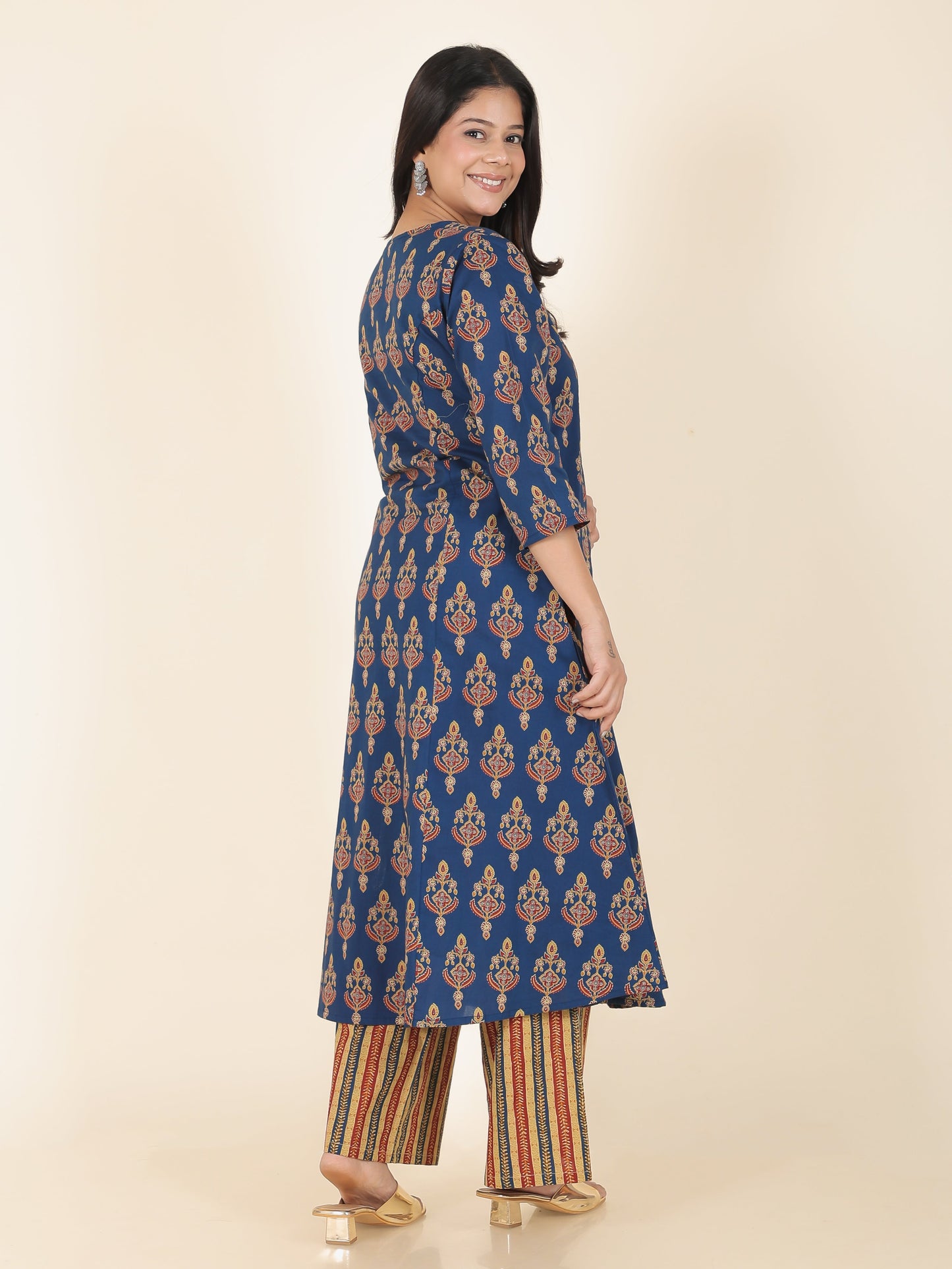 Soft Cotton Floral A-line Blue Kurta