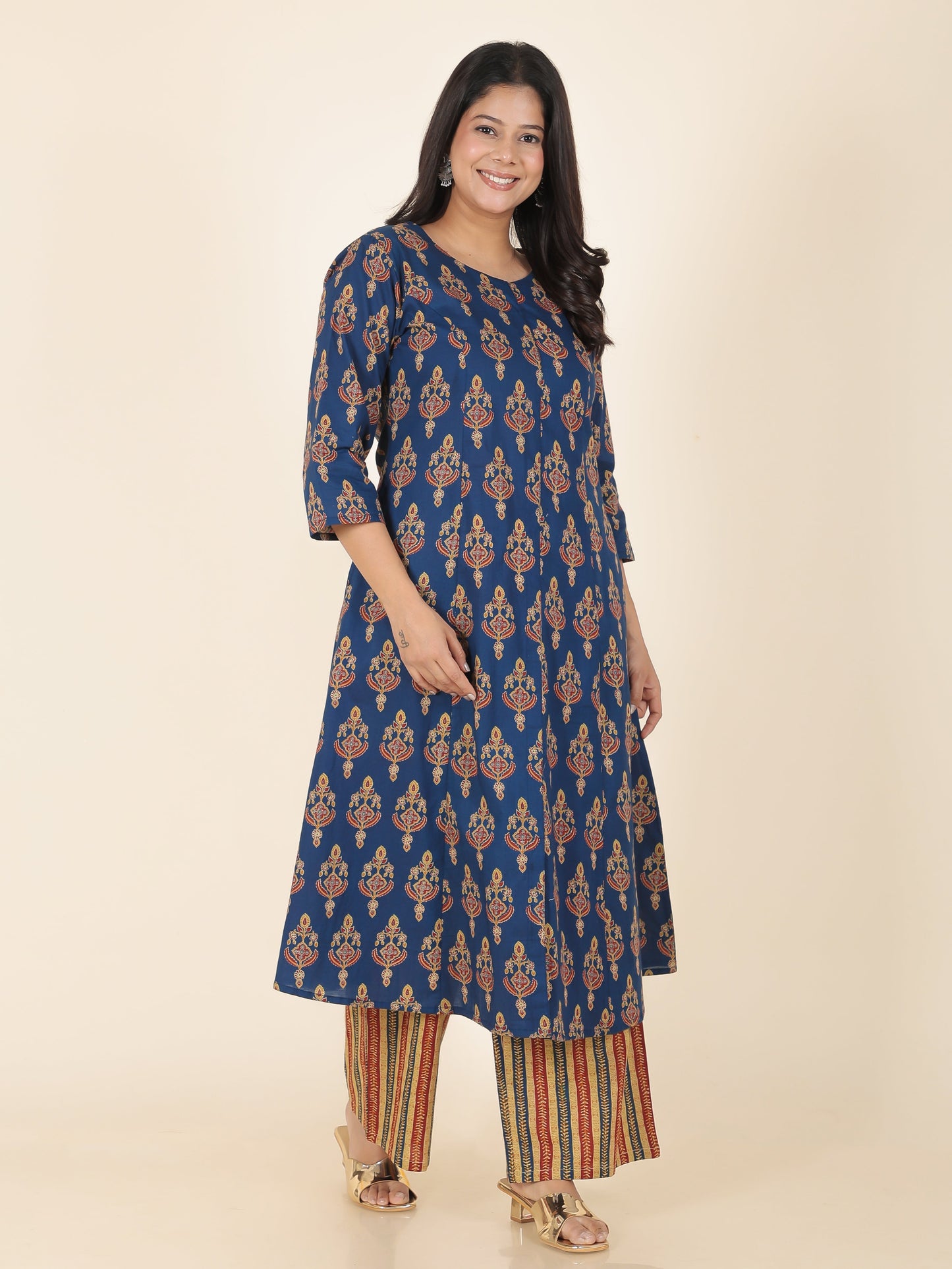 Soft Cotton Floral A-line Blue Kurta